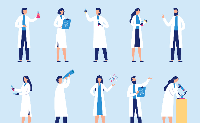 shows cartoon of diverse set of scientists, with white lab coats