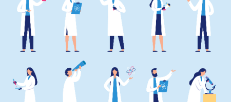 shows cartoon of diverse set of scientists, with white lab coats